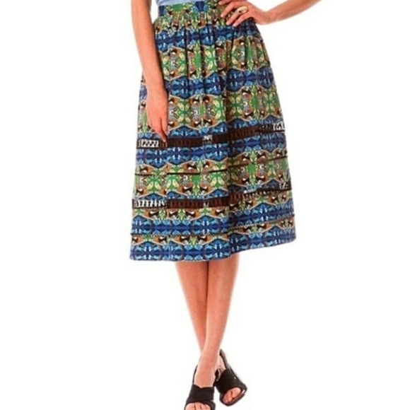 Sam Edelman Tulum Parrot Print Midi Skirt Size 12 Crochet Panels Bird Rockabilly - Picture 1 of 12